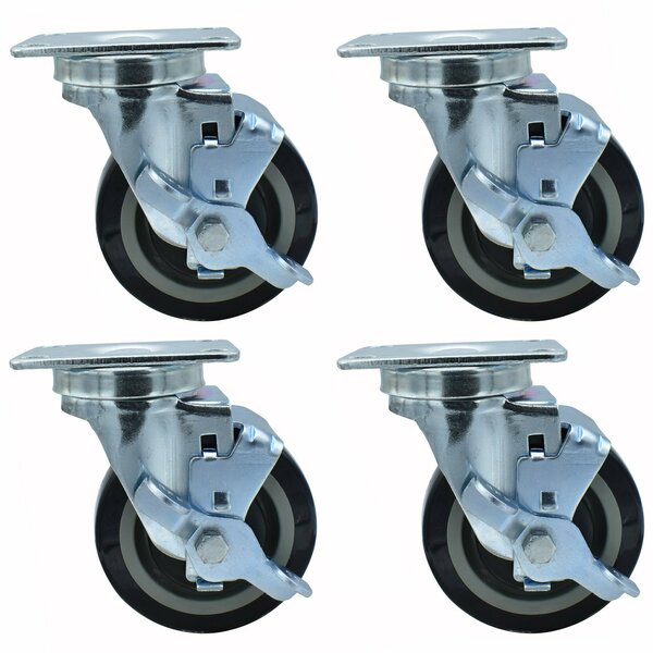 Bk Resources 4-inch Plate Casters, Polyurethane Wheels, Top Lock Brake, 300lb Capacity, 4PK 4SBR-1PT-PLY-PS4